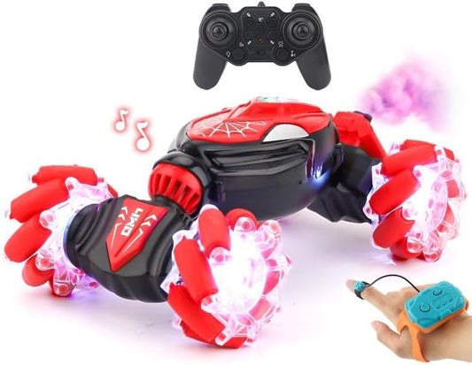 Gesture Sensing RC Stunt Car with LED Lights, 360° Spins, Remote Control, Spider Theme, Ages 3+