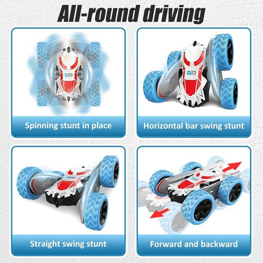 R/C Remote Control Stunt Car, 4WD, 2.4 GHz, 360° Double-Sided Flips, LED Lights, 24 cm, for Ages 6+ (White Blue)