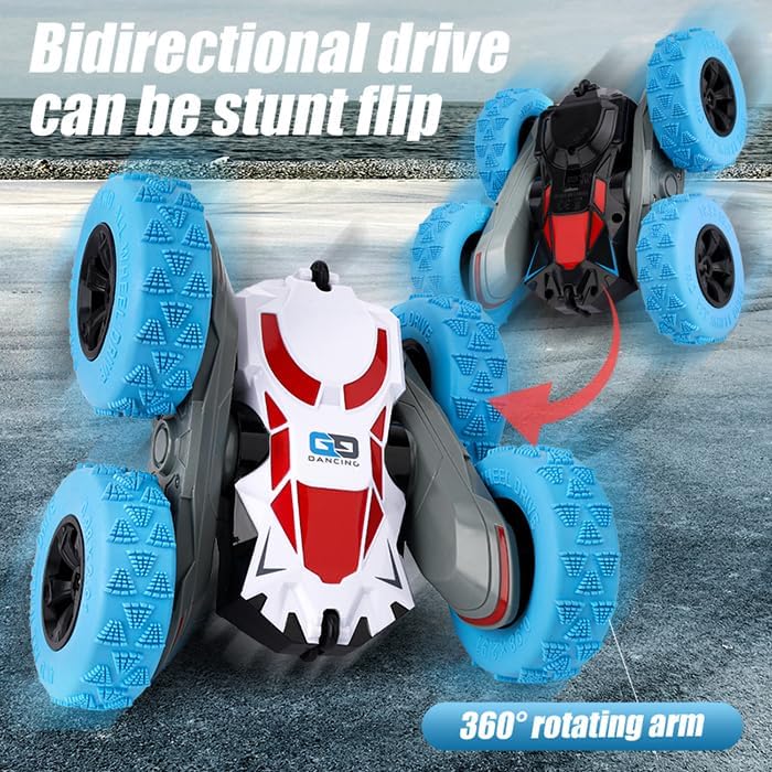 R/C Remote Control Stunt Car, 4WD, 2.4 GHz, 360° Double-Sided Flips, LED Lights, 24 cm, for Ages 6+ (White Blue)