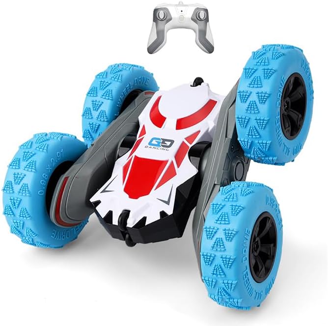 R/C Remote Control Stunt Car, 4WD, 2.4 GHz, 360° Double-Sided Flips, LED Lights, 24 cm, for Ages 6+ (White Blue)