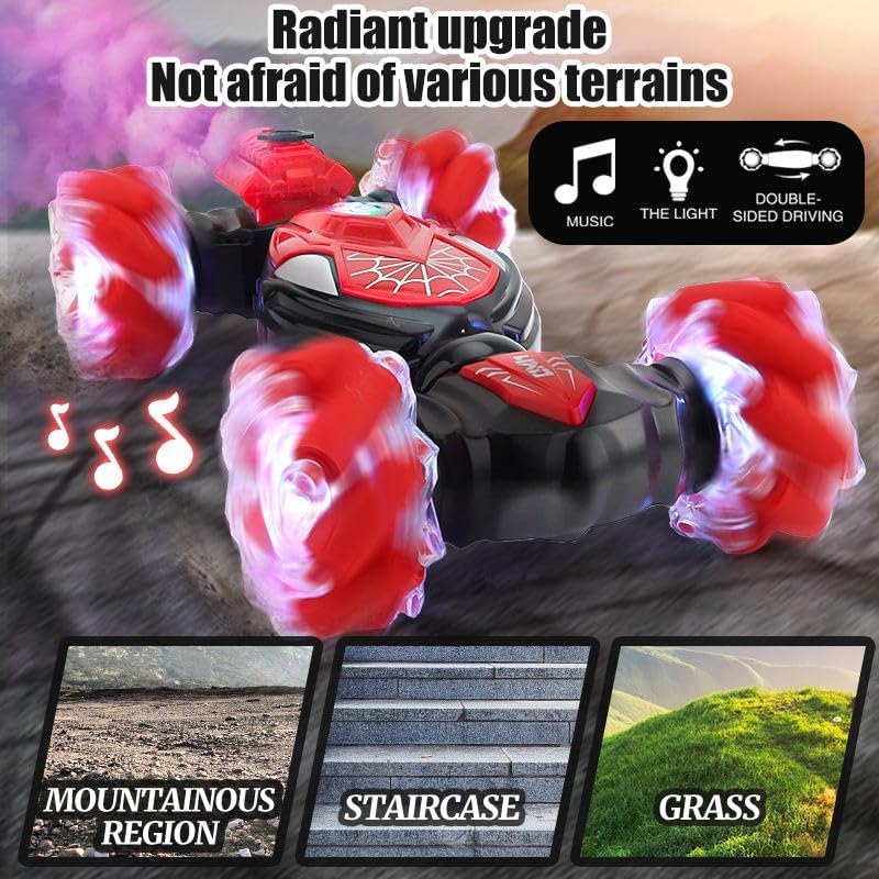 Gesture Sensing RC Stunt Car with LED Lights, 360° Spins, Remote Control, Spider Theme, Ages 3+