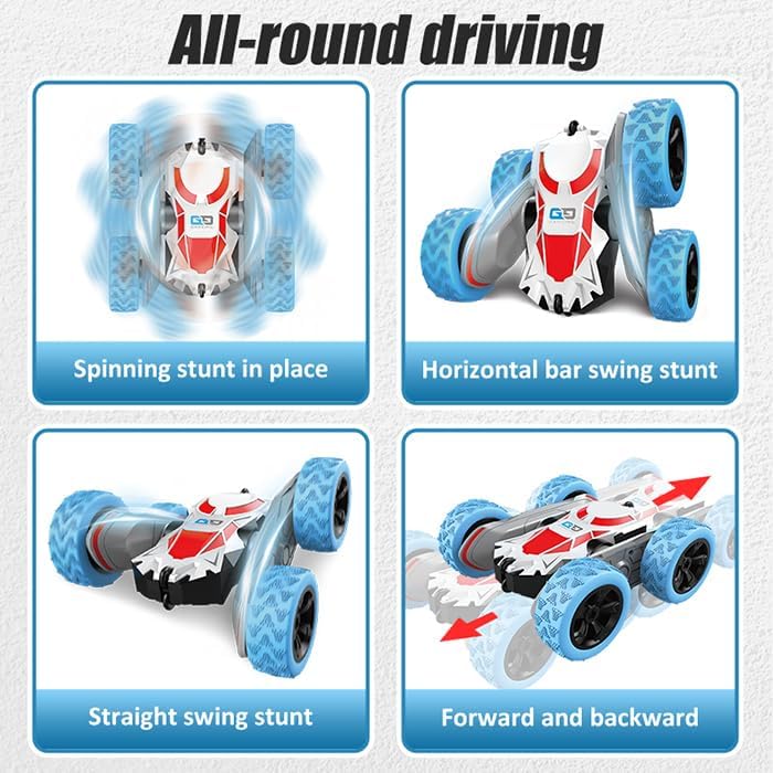 R/C Remote Control Stunt Car, 4WD, 2.4 GHz, 360° Double-Sided Flips, LED Lights, 24 cm, for Ages 6+ (White Blue)