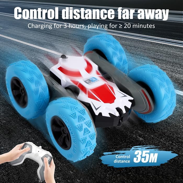 R/C Remote Control Stunt Car, 4WD, 2.4 GHz, 360° Double-Sided Flips, LED Lights, 24 cm, for Ages 6+ (White Blue)