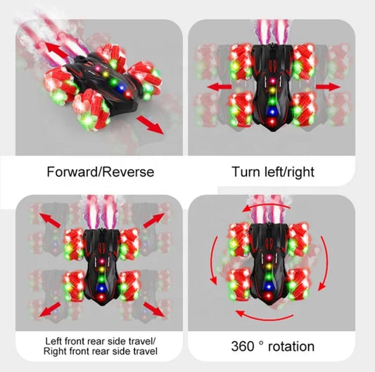 Sabocha Power RC Stunt Car, Remote Control Car with Gesture Control, 2 Sided 360° 2.4Ghz 4WD RC Drift Cars with Lights Spray Music, Birthday Gifts for 6-13 year old Boys Girls (RC STUNT AUTO)