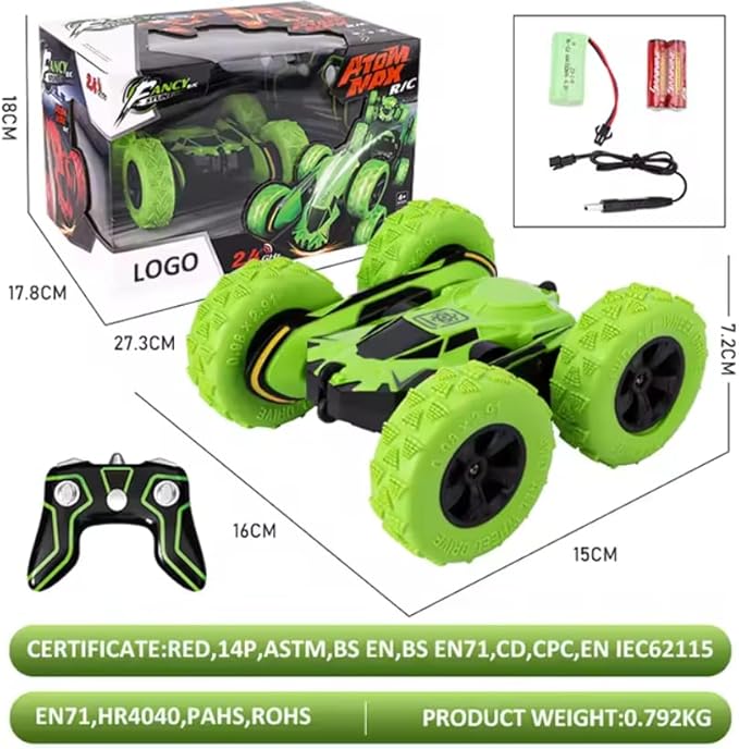 Sabocha Fancy Stunt R/C Remote Control Stunt Car, 4WD, 2.4 GHz, 360° Double-Sided Flips, LED Lights, 24 cm, for Ages 6+