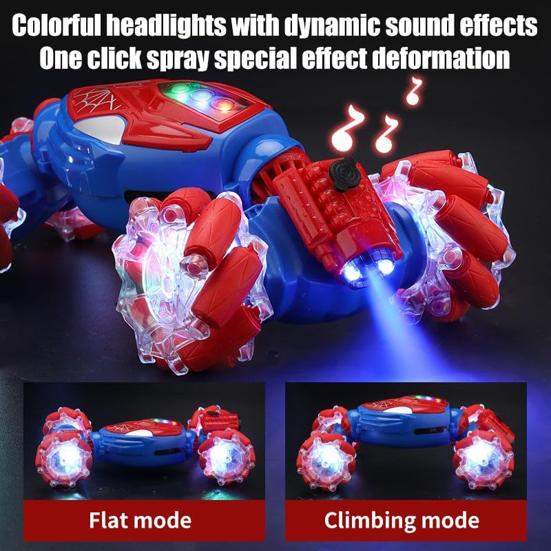 Gesture Sensing RC Stunt Car with LED Lights, 360° Spins, Remote Control, Spider Theme, Ages 3+