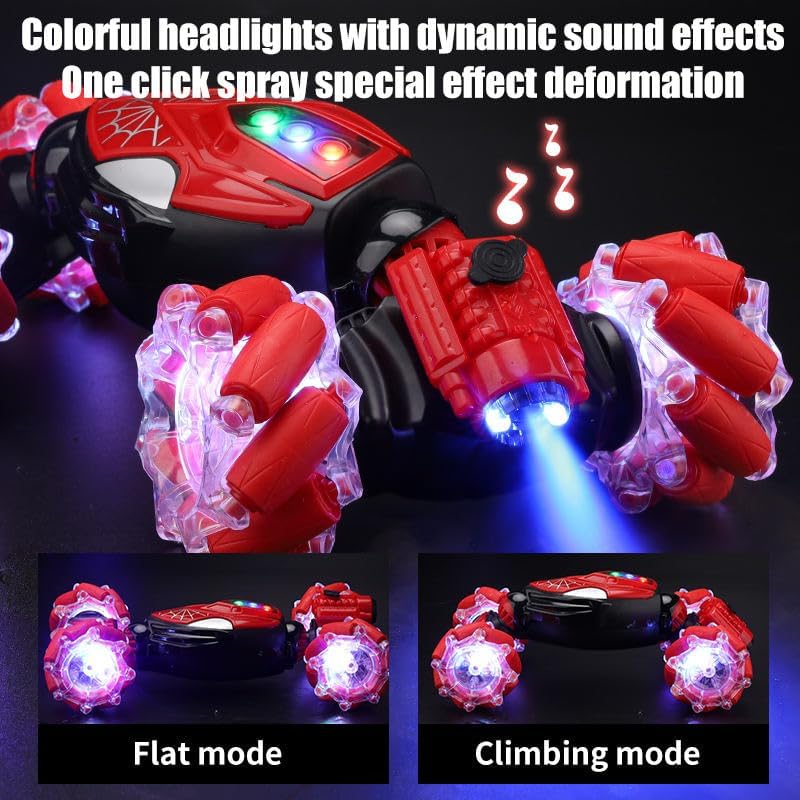 Gesture Sensing RC Stunt Car with LED Lights, 360° Spins, Remote Control, Spider Theme, Ages 3+