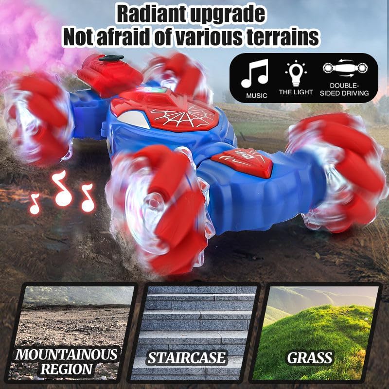 Gesture Sensing RC Stunt Car with LED Lights, 360° Spins, Remote Control, Spider Theme, Ages 3+