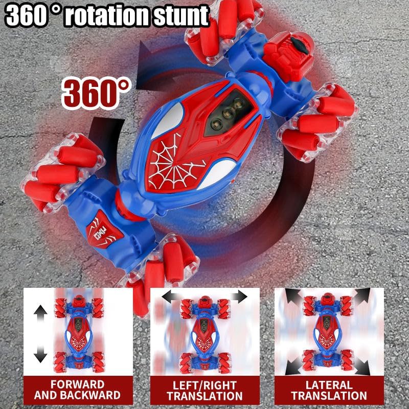 Gesture Sensing RC Stunt Car with LED Lights, 360° Spins, Remote Control, Spider Theme, Ages 3+