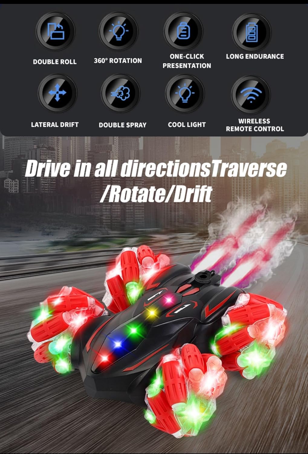 Sabocha Power RC Stunt Car, Remote Control Car with Gesture Control, 2 Sided 360° 2.4Ghz 4WD RC Drift Cars with Lights Spray Music, Birthday Gifts for 6-13 year old Boys Girls (RC STUNT AUTO)