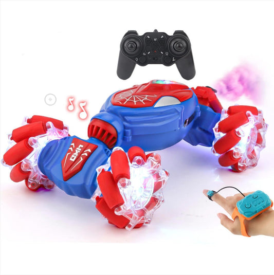 Gesture Sensing RC Stunt Car with LED Lights, 360° Spins, Remote Control, Spider Theme, Ages 3+