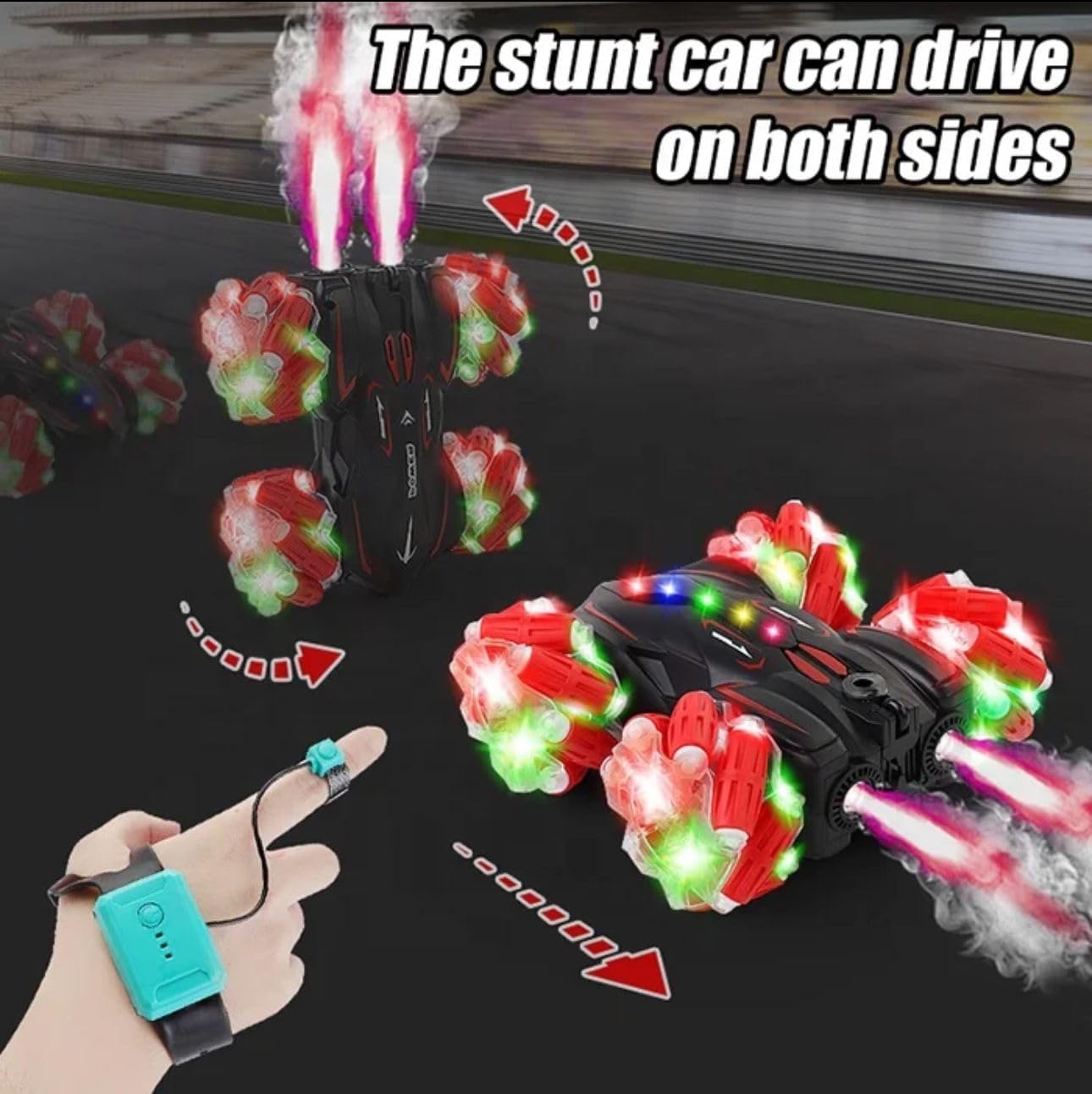 Sabocha Power RC Stunt Car, Remote Control Car with Gesture Control, 2 Sided 360° 2.4Ghz 4WD RC Drift Cars with Lights Spray Music, Birthday Gifts for 6-13 year old Boys Girls (RC STUNT AUTO)