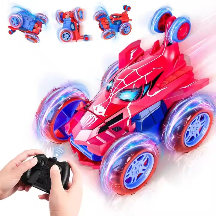 Sabocha Spiderman Children's Remote Control Car 360-degree Rotation Stunt Off-road Electric Vehicle Light Remote Control Skip Toy Car